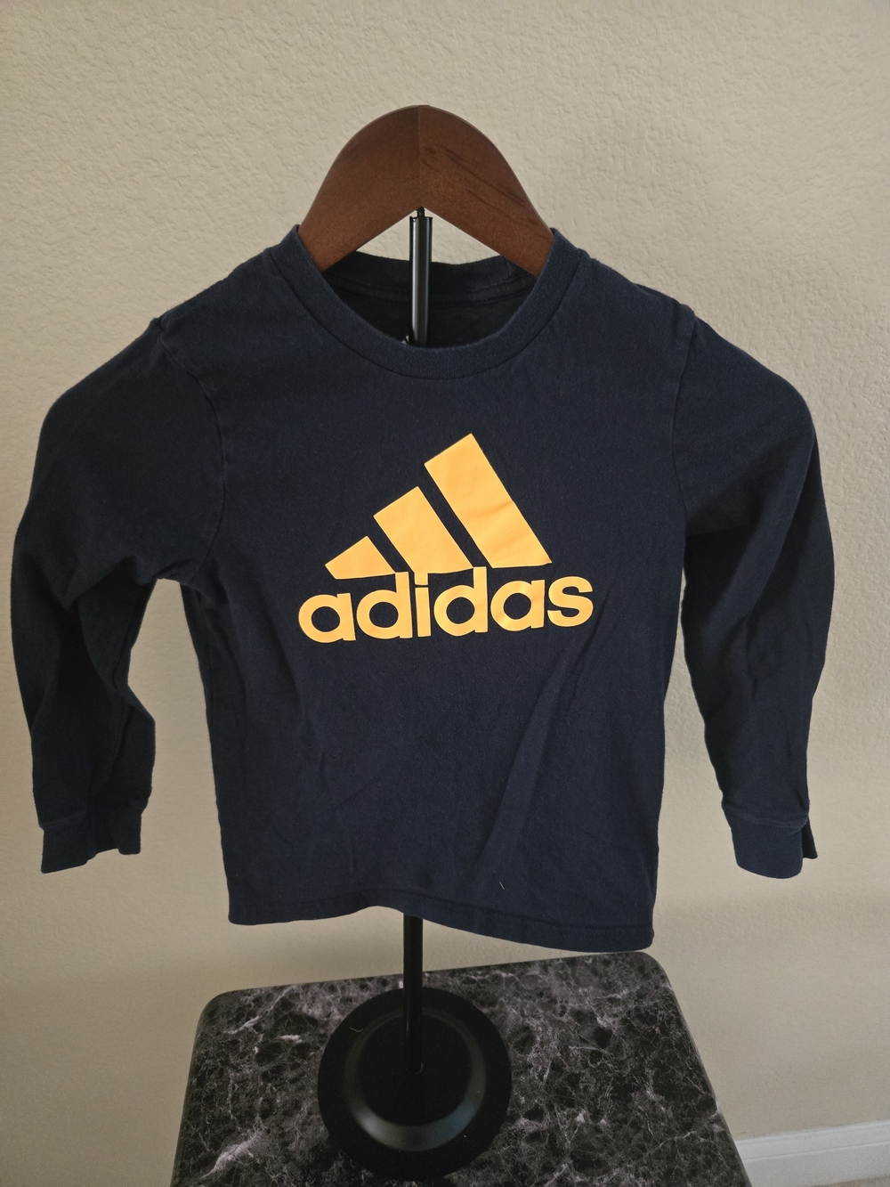adidas Navy Long-Sleeve Tee with Yellow Logo